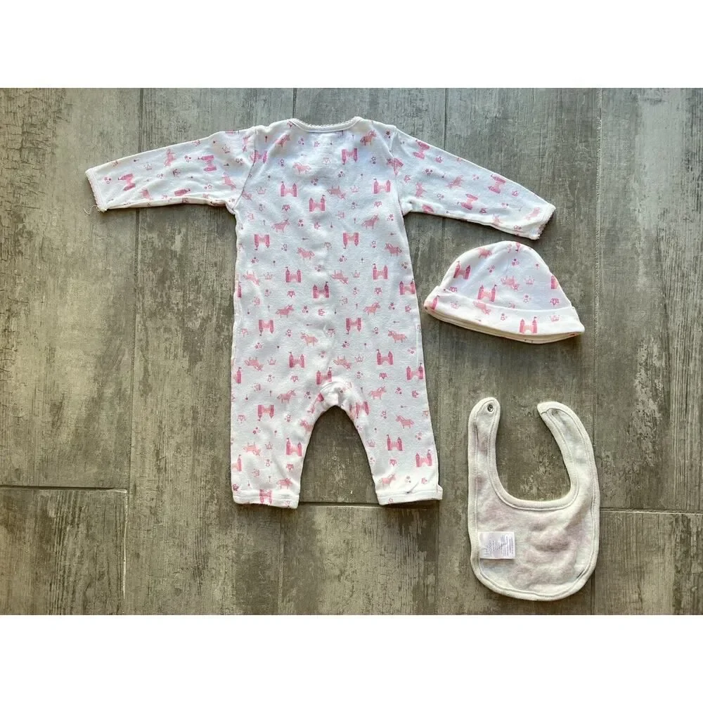 Baby Girl 3 Piece Outfit Set DADDYS LITTLE PRINCESS Coverall Romper Bib Hat 6-9m